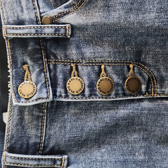 Karl Lagerfeld Double Raw Hem Denim Button Fly Jean Skirt - Picture 2 of 5